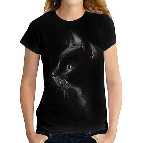 

Women's T shirt Cat Animal Print Round Neck Tops Basic Basic Top Black