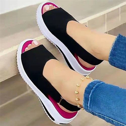 

Women's Sandals Flat Heel Round Toe PU Solid Colored Black Red Pink