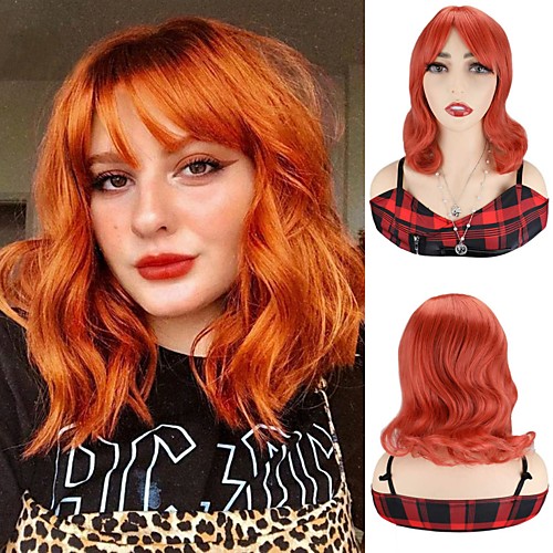 

Orange Short Bob Wigs With Bangs Orange Body Wave Wigs Cosplay Costume Party Wig Synthetic Hair Wigs