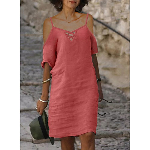 

Women's Shift Dress Knee Length Dress Blushing Pink Short Sleeve Solid Color Fall Summer V Neck Elegant Cotton 2021 S M L XL XXL 3XL