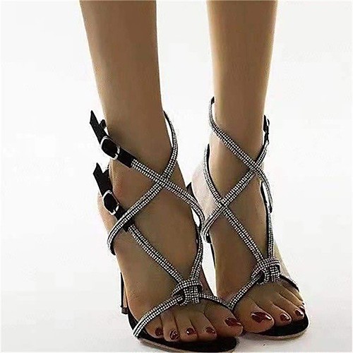 

Women's Heels Stiletto Heel Round Toe PU Rhinestone Solid Colored Black