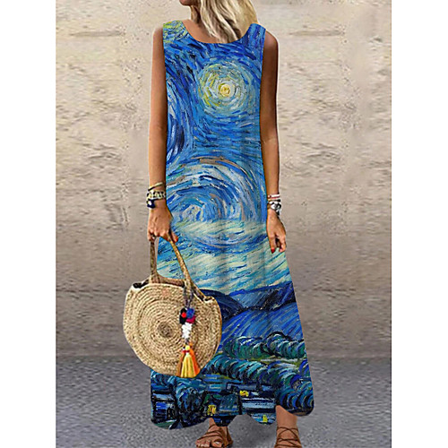 

Women's Shift Dress Maxi long Dress Blue Sleeveless Print Color Block Print Spring Summer Round Neck Casual 2021 S M L XL XXL 3XL