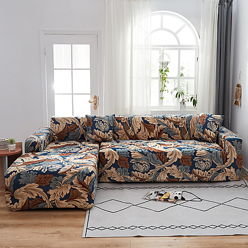 

Floral Leaves Dustproof All-powerful Stretch L Shape Sofa Cover Super Soft Fabric Sofa Furniture Protector with One Free Boster Case