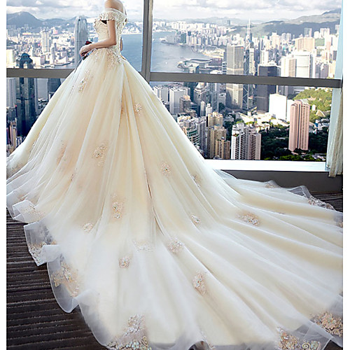 

Ball Gown Wedding Dresses Off Shoulder Watteau Train Lace Tulle Short Sleeve Formal Romantic Wedding Dress in Color Plus Size with Lace Pearls Lace Insert 2021