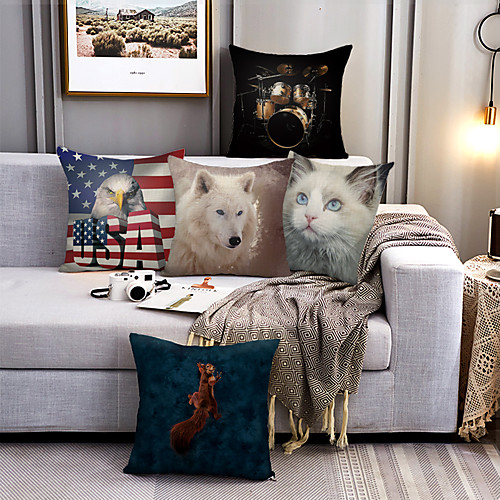 

Cushion Cover 5PC Linen Soft Decorative Square Throw Pillow Cover Cushion Case Pillowcase for Sofa Bedroom 45 x 45 cm (18 x 18 Inch) Superior Quality Machine Washable Eagle Fox Cat