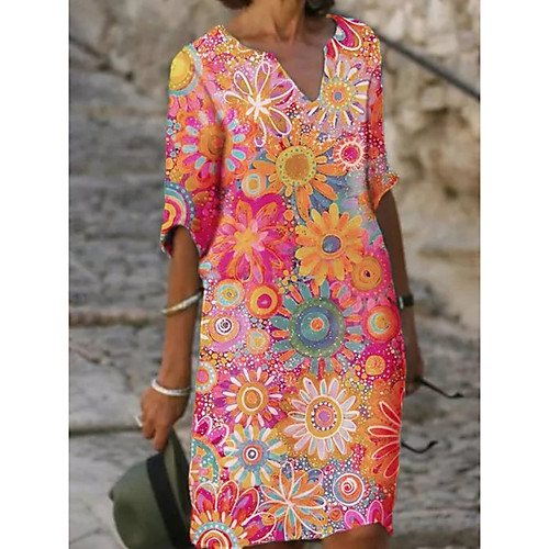 

cross-border european and american new spring and summer skirt women's fashion print v-neck five-point sleeve multicolor mid-length dress