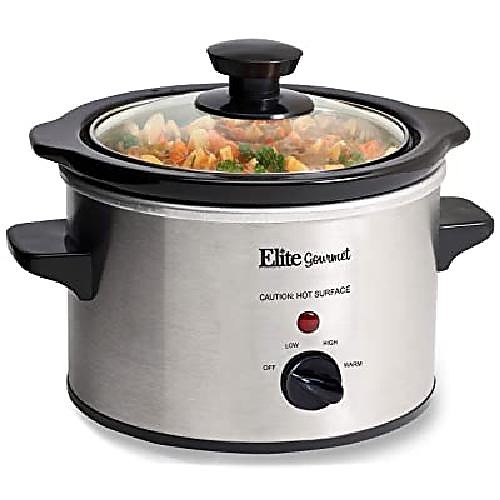 

elite gourmet slow glass cooker with adjustable temp, entrees, sauces, pots & dips, dishwasher safe glass lid & crock pot, 1.5 quarters, stainless steel
