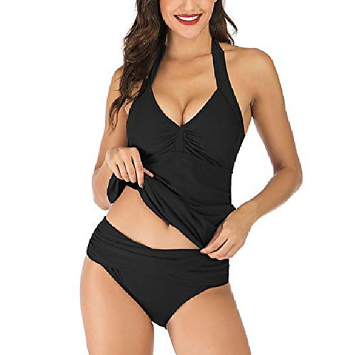 

haoshou swimsuits for women tummy control tankini set halter ruched tankini top with two piece bathing suit black m
