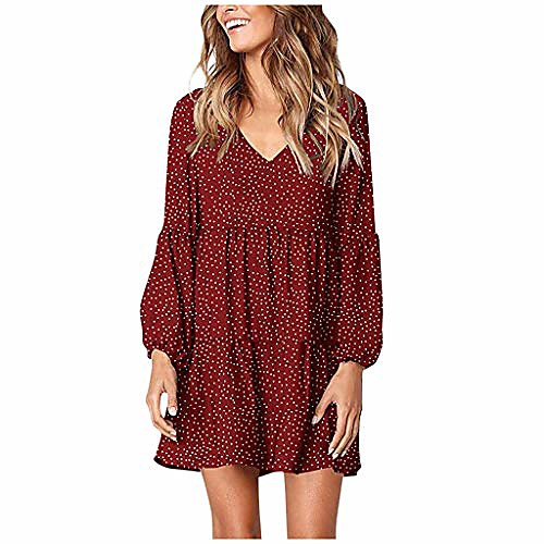 

womens v neck polka dot print dresses ruffle long sleeve casual loose fit swing mini dress wine