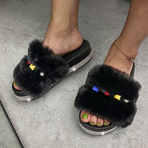 

Women's Sandals Platform Round Toe PU Rhinestone Pom-pom Solid Colored White Black Yellow