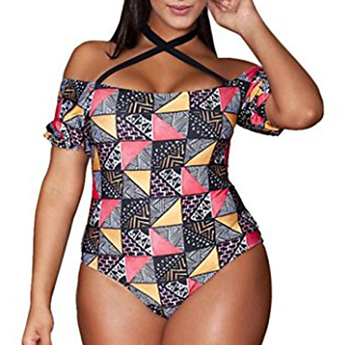 

raisingtop plus size lady colorful geometric figure monokini one piece push up bikini swimwear off shoulder swimsuit (colorful, us 12-14/tag xl)