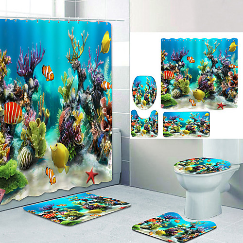 

The Underwater World Digital Printing Four-piece Set Shower Curtains and Hooks Modern Polyester Machine Made Waterproof Bathroom