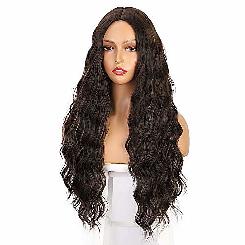 

earfodo long wavy wigs for women mix brown highlights wig synthetic heat resistant fiber middle part curly wave wig for daily party use