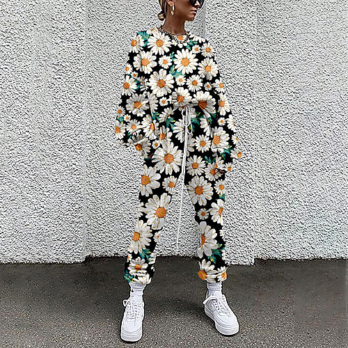 

Women's Streetwear Cinched Floral Going out Casual / Daily Two Piece Set Sweatshirt Tracksuit Pant Loungewear Drawstring Print Tops