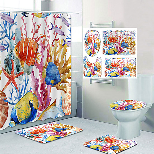 

Marine Life Pattern Printing Bathroom Shower Curtain Leisure Toilet Four-Piece Design