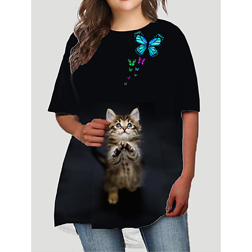 

Women's Plus Size Dresses T Shirt Dress Tee Dress Short Mini Dress Half Sleeve Cat Graphic Animal Print Basic Fall Black XL XXL 3XL 4XL 5XL / Holiday