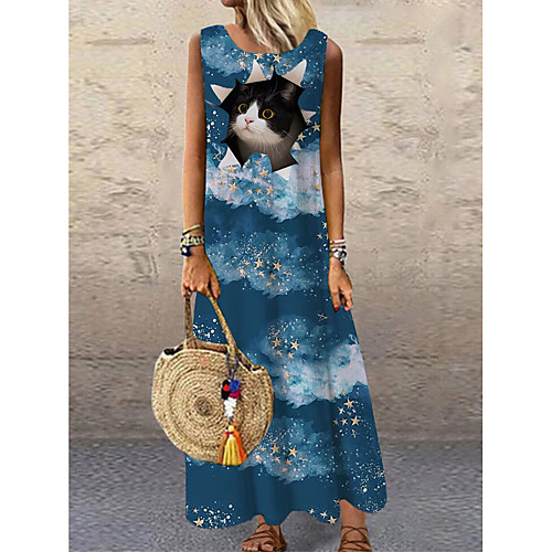 

Women's Shift Dress Maxi long Dress Blue Sleeveless Cat Animal Print Spring Summer Round Neck Casual 2021 S M L XL XXL 3XL