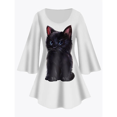 

Women's Plus Size Print Cat Graphic Tunic Large Size Crewneck 3/4 Length Sleeve Basic Tops XL XXL 3XL White Big Size