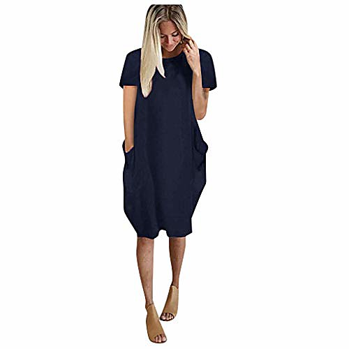

women tunic dress loose short sleeve solid color oversize baggy summer shirt mini dresses with pockets navy