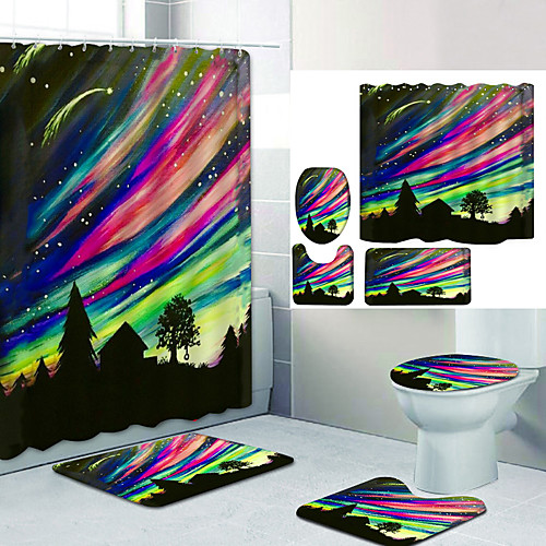 

Colorful Village Digital Printing Four-piece Set Shower Curtains and Hooks Modern Polyester Machine Made Waterproof Bathroom
