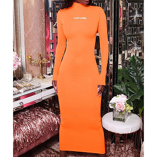 

Women's A Line Dress Midi Dress Black Orange Long Sleeve Letter Summer Turtleneck Elegant Cotton 2021 S M L
