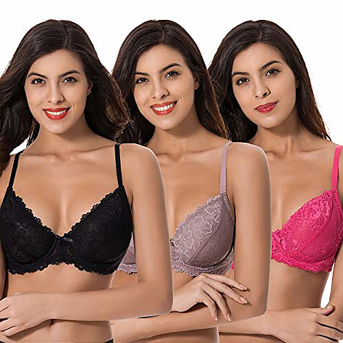 

curve muse semi-sheer balconette underwire lace bra and scalloped hems (3 pack)-black,rose,mauve-48dd