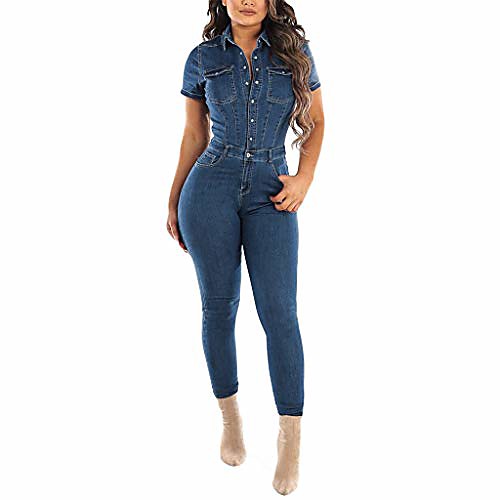 

women's denim tight rompers casual fit short sleeve button jumpsuits jeans