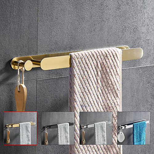 

16 Stainless Steel Towel Bar with Hook, SUS304, Self Adhesive Bath Towel Rack, Contemporary Style, Towel Holder, Rustproof, 4-Finish, Gold, Brushed, Black, Mirror Polished, Punch-free