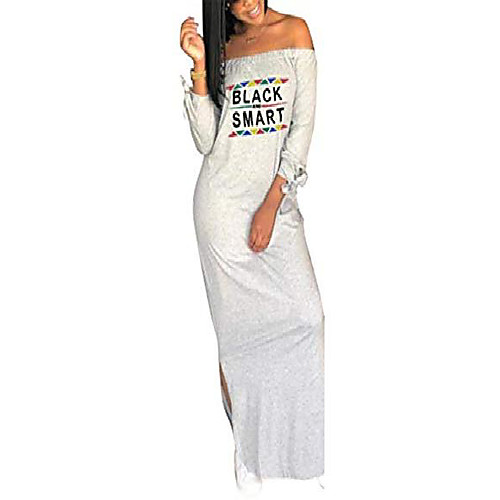 

nhicdns womens casual maxi dress - off shoulder letter print long sleeve sides split plus size loose t-shirt gray