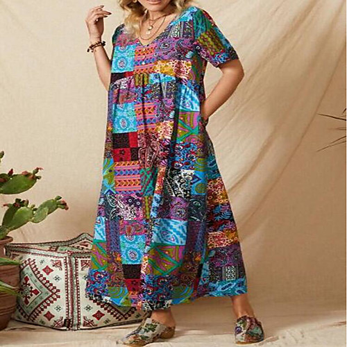 

european and american cross-border 2021 summer amazon new ethnic style printed button short-sleeved plus size long dress