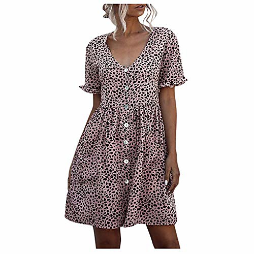 

cooki women casual dresses women's dresses summer short sleeve leopard print button down mini dress beach dress with pockets pink