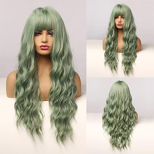 

Long Mix Green Water Wave Synthetic Wigs for Women Lolita Cospaly Colorful Wig With Bangs Party Heat Resistant Fibre