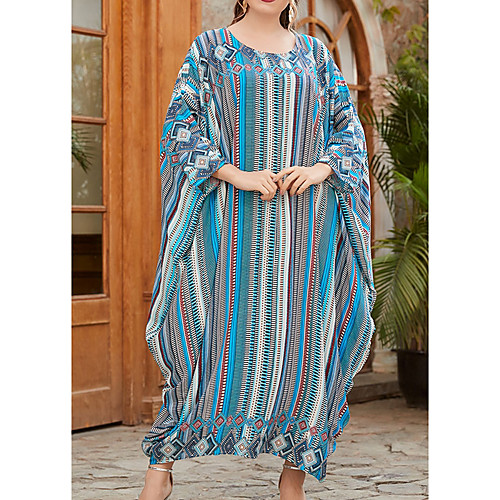

Women's Kaftan Dress Maxi long Dress Blue Long Sleeve Print Patchwork Summer Round Neck Casual 2021 One-Size