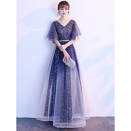 

A-Line Minimalist Sparkle Wedding Guest Prom Dress V Neck Short Sleeve Floor Length Tulle with Sash / Ribbon Crystals 2021