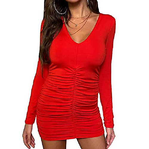 

jsvzreu sexy dresses for women club night ruched long sleeve curvy cocktail bodycon mini dress elegant casual(red,m)