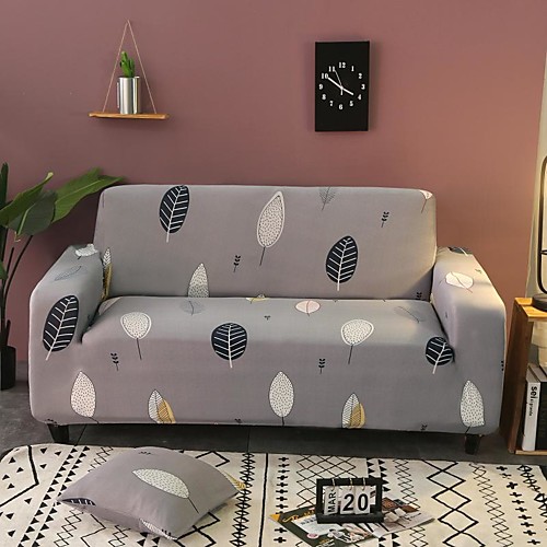 

Gray Leaves Print Dustproof All-powerful Stretch Sofa Cover Super Soft Fabric with One Free Boster Case