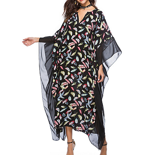 

Women's Swing Dress Midi Dress Black Red Green Long Sleeve Floral Patchwork Print Fall Summer V Neck Elegant Casual 2021 One-Size