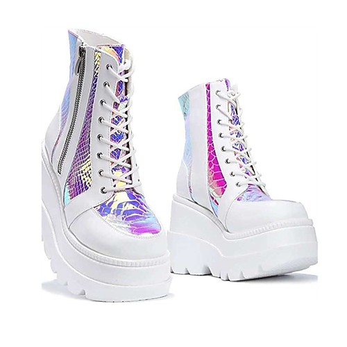 

Women's Sneakers Platform Round Toe Casual Daily Walking Shoes PU Lace-up Color Block White Black