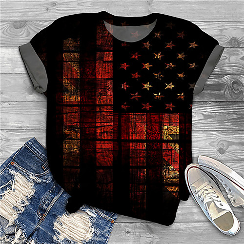 

Women's Plus Size Print Graphic Flag T shirt Large Size Crewneck Short Sleeve Basic Tops XL XXL 3XL Black Big Size