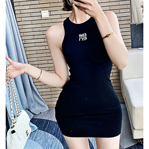 

Women's Sports Dress Short Mini Dress Black Gray Sleeveless Letter Print Summer Round Neck Sexy Cotton 2021 S M