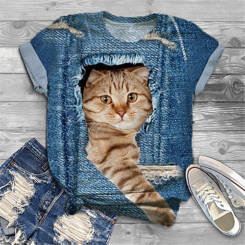 

Women's Plus Size Print Cat Graphic Animal T shirt Large Size Crewneck Short Sleeve Basic Tops XL XXL 3XL Blue Big Size