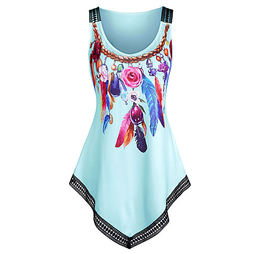 

amazon summer new large size feather print round neck sleeveless top t-shirt women lace hem dress women