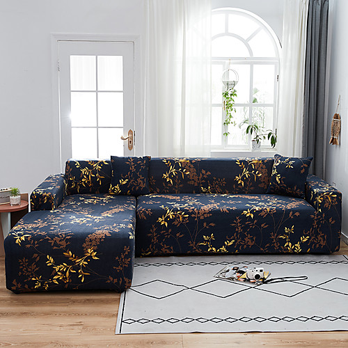 

Luxury Dark Blue Floral Dustproof All-powerful Stretch L Shape Sofa Cover Super Soft Fabric Sofa Furniture Protector with One Free Boster Case