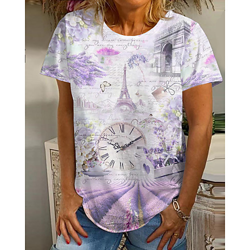 

Women's T shirt Floral Graphic Scenery Print Round Neck Tops Basic Basic Top White