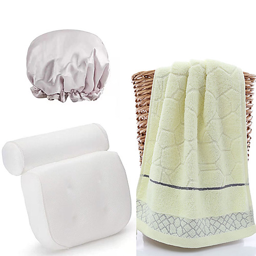 

Bathroom Bath Set White Breathable 3D Mesh Cloth Shower Headrest Cushion to Release Neck Pressure and Suction Cups a Waterproof Shower Cap and a 100% Cotton Towel (random color)