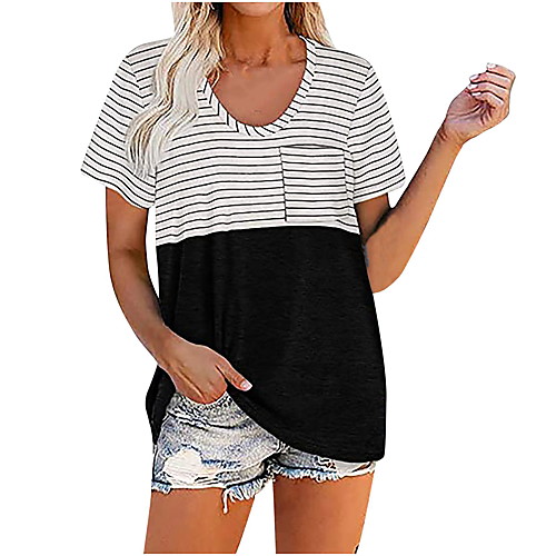 

Women's T shirt Striped Print U Neck Tops Basic Basic Top Black Red Green