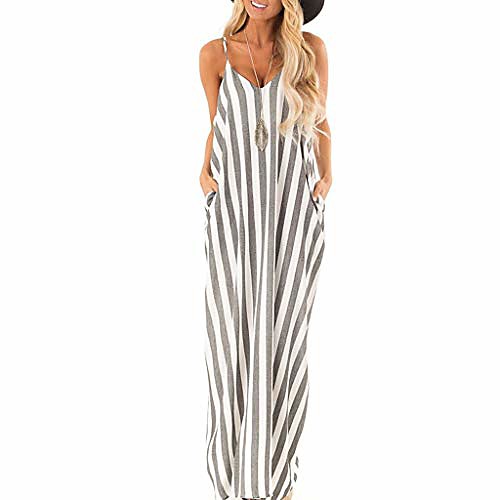 

latinday fashion women sundress summer holiday strappy striped long boho dress beach maxi dress gray