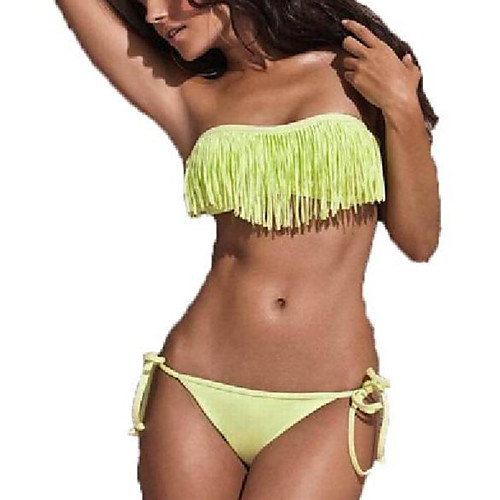 

tarad siam swimsuit 2013 popular fashion sexy lady padded boho fringe bandeau top strapless dolly bikini set swimwear (yellow, l)