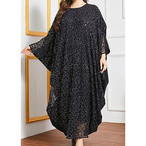 

Women's Kaftan Dress Maxi long Dress Black Long Sleeve Solid Color Patchwork Summer Round Neck Casual 2021 One-Size