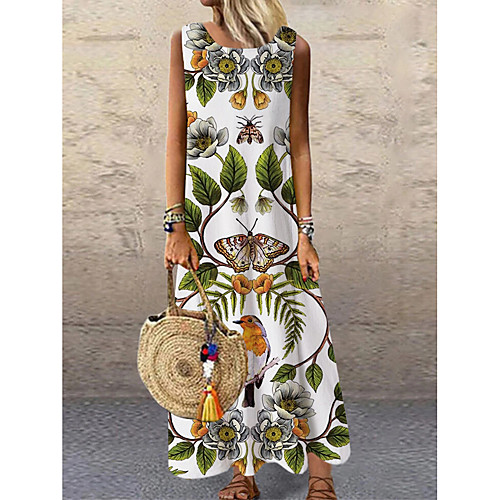 

Women's Shift Dress Maxi long Dress Green Sleeveless Floral Print Print Spring Summer Round Neck Casual 2021 S M L XL XXL 3XL